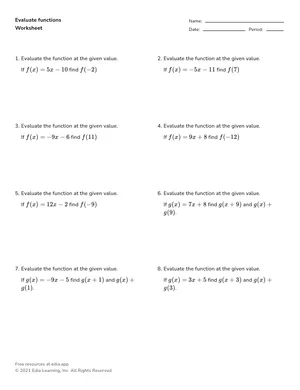 Evaluate functions worksheet preview