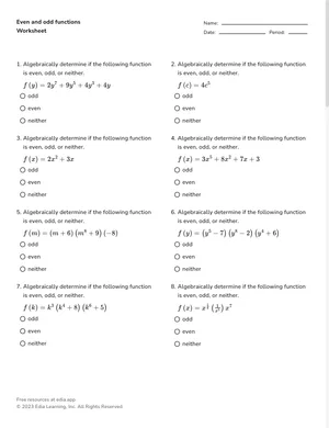 Even and odd functions worksheet preview