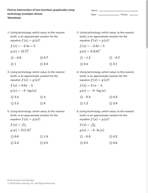 Find an intersection of two functions graphically using technology (multiple choice) worksheet preview