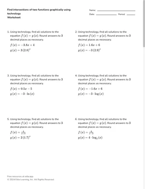 Find intersections of two functions graphically using technology worksheet preview