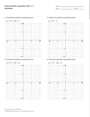 Graph quadratic inequalities with a = 1 worksheet preview