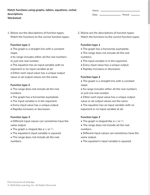 Match functions using graphs, tables, equations, verbal descriptions worksheet preview