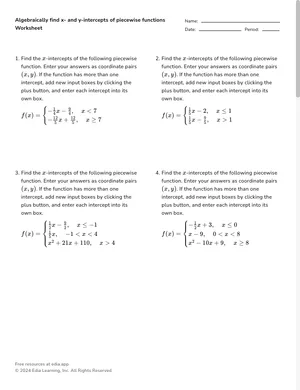 Algebraically find x- and y-intercepts of piecewise functions worksheet preview