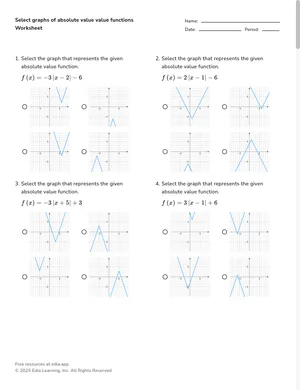 Select graphs of absolute value value functions worksheet preview