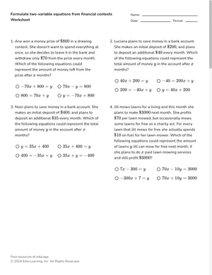 Formulate two-variable equations from financial contexts worksheet preview