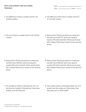 Solve word problems with one variable worksheet preview
