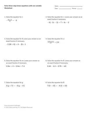Solve three-step linear equations with one variable worksheet preview