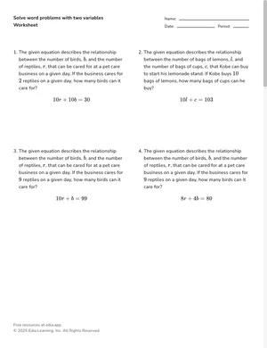 Solve word problems with two variables worksheet preview