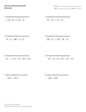 Add and subtract polynomials (integer coefficients) worksheet preview