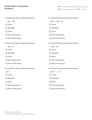 Classify degree of polynomials worksheet preview