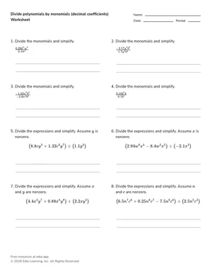 Divide polynomials by monomials (decimal coefficients) worksheet preview