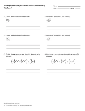 Divide polynomials by monomials (fractional coefficients) worksheet preview