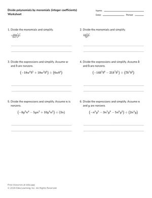 Divide polynomials by monomials (integer coefficients) worksheet preview