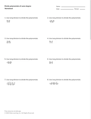 Divide polynomials of same degree worksheet preview