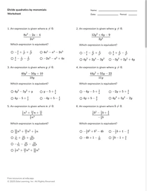 Divide quadratics by monomials worksheet preview