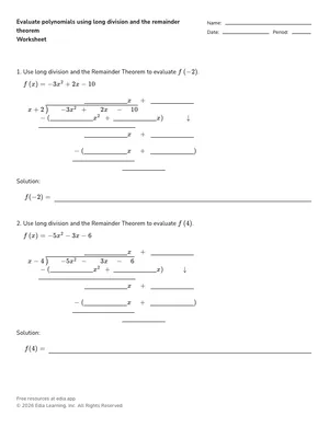 Evaluate polynomials using long division and the remainder theorem worksheet preview
