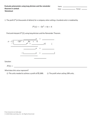Evaluate polynomials using long division and the remainder theorem in context worksheet preview