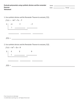 Evaluate polynomials using synthetic division and the remainder theorem worksheet preview