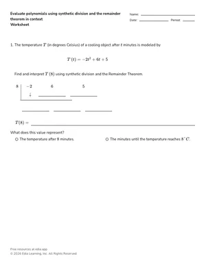 Evaluate polynomials using synthetic division and the remainder theorem in context worksheet preview