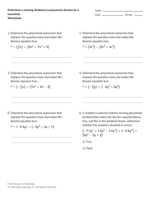 Determine a missing dividend in polynomial division by a monomial worksheet preview