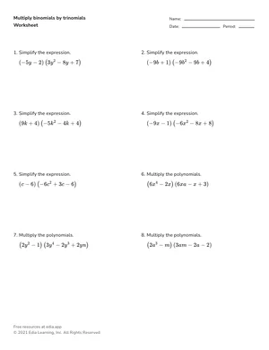 Multiply binomials by trinomials (integer coefficients) worksheet preview