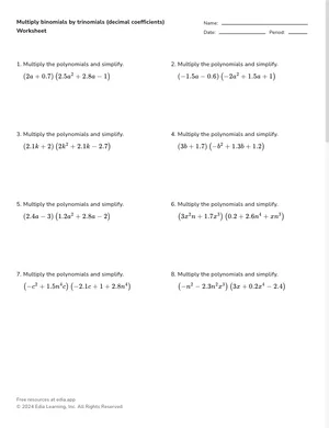 Multiply binomials by trinomials (decimal coefficients) worksheet preview