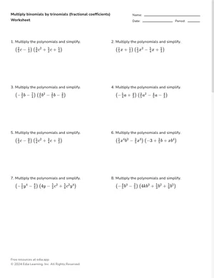 Multiply binomials by trinomials (fractional coefficients) worksheet preview