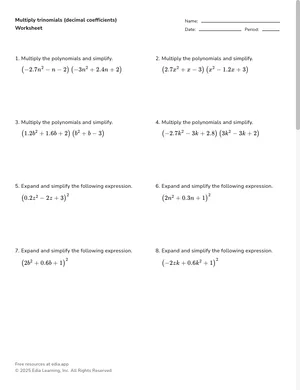 Multiply trinomials (decimal coefficients) worksheet preview