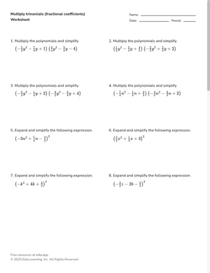 Multiply trinomials (fractional coefficients) worksheet preview