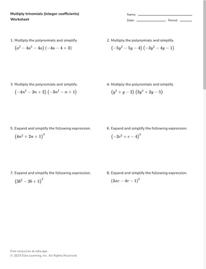 Multiply trinomials (integer coefficients) worksheet preview