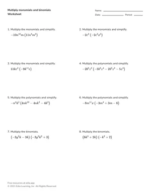 Multiply two-variable monomials and binomials (integer coefficients) worksheet preview