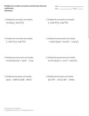 Multiply two-variable monomials and binomials (decimal coefficients) worksheet preview