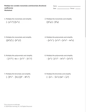 Multiply two-variable monomials and binomials (fractional coefficients) worksheet preview