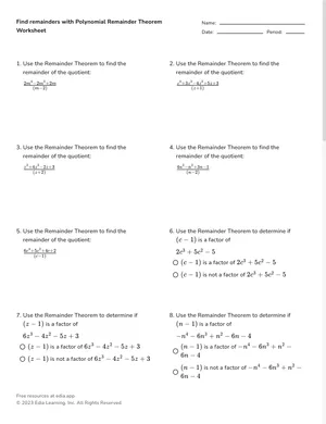 Find remainders with Polynomial Remainder Theorem worksheet preview