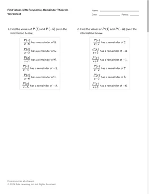 Find values with Polynomial Remainder Theorem worksheet preview