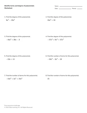 Identify terms and degree of polynomials worksheet preview