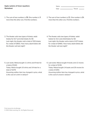 Apply systems of linear equations worksheet preview