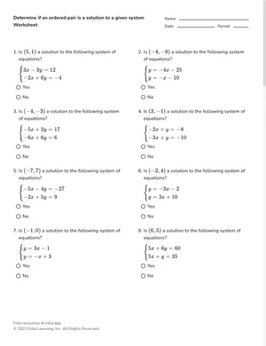 Determine if an ordered pair is a solution to a given system worksheet preview