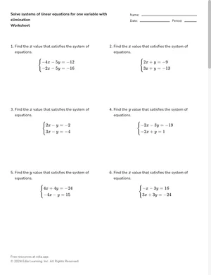 Solve systems of linear equations for one variable with elimination worksheet preview