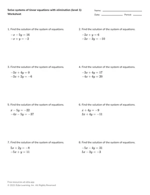 Solve systems of linear equations with elimination — foundational worksheet preview