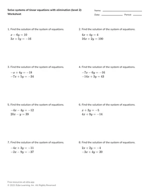 Solve systems of linear equations with elimination — intermediate worksheet preview
