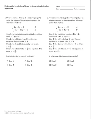 Find mistake in solution of linear systems with elimination worksheet preview