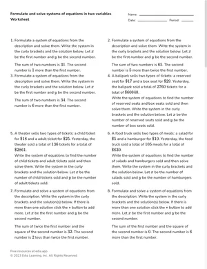 Formulate and solve systems of equations in two variables worksheet preview