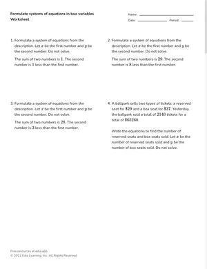 Formulate systems of equations in two variables worksheet preview