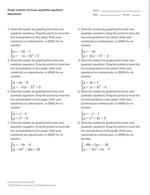 Graph systems of linear-quadratic equations worksheet preview