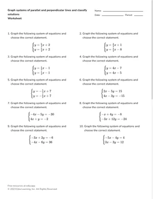 Graph systems of parallel and perpendicular lines and classify solutions worksheet preview