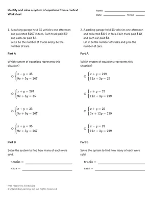 Identify and solve a system of equations from a context worksheet preview