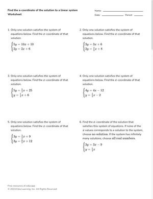 Find the x-coordinate of the solution to a linear system worksheet preview