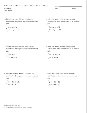 Solve systems of linear equations with substitution without fractions worksheet preview