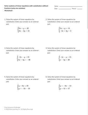 Solve systems of linear equations with substitution without fractions (only one solution) worksheet preview